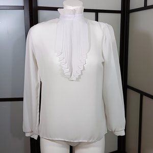 Vintage 70s Victorian Inspired High Collar White Pleated Ruffle Shirt